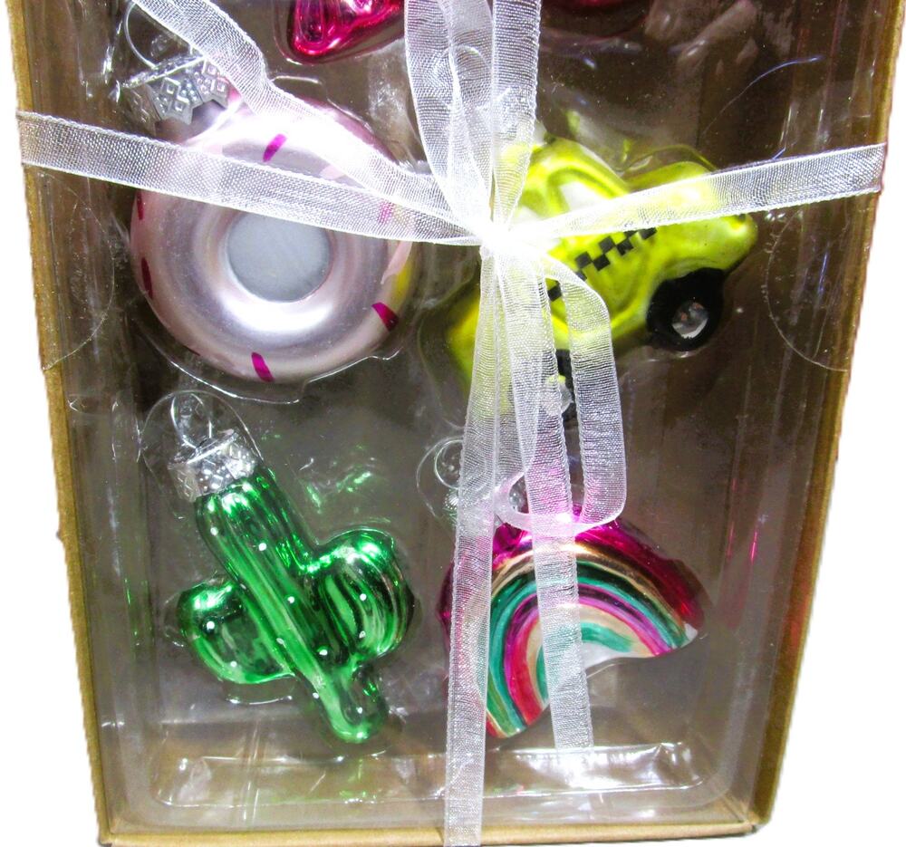 Glass Holiday Ornament Set Six Unique Designs Cactus Rainbow Duck Candy Shapes